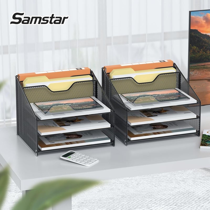 Samstar 2 Pack Mesh Desk File Organizer Letter Tray Holder, Desktop File Folder Holder with 3 Paper Trays and 2 Vertical Upright Section, Black - Image 2